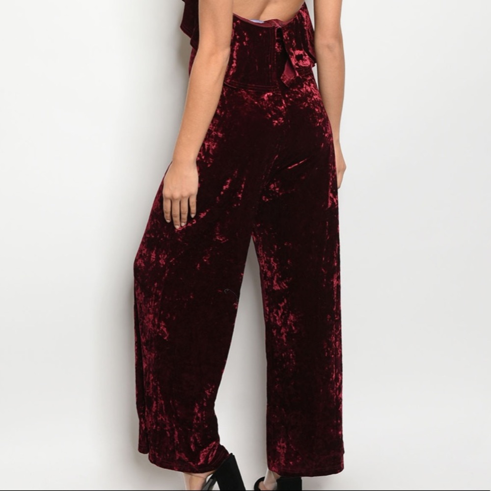 NWT Chic Wine Red Crushed Velvet Jumpsuit - Picture 4 of 4